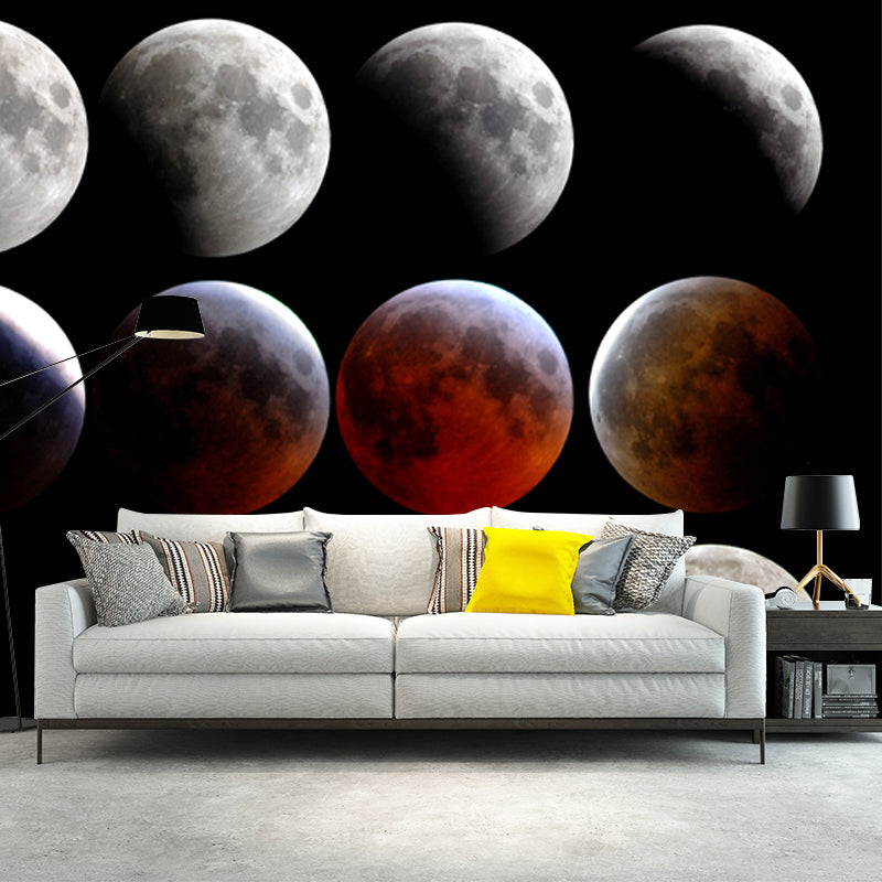 Photography Lunar Eclipse Wall Mural for Kids Bedroom, Grey-Red, Custom Size Available Clearhalo 'Wall Decor' 'Wall Mural' 1784336