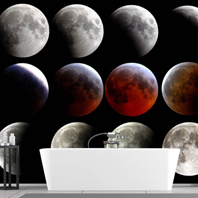 Photography Lunar Eclipse Wall Mural for Kids Bedroom, Grey-Red, Custom Size Available Clearhalo 'Wall Decor' 'Wall Mural' 1784337