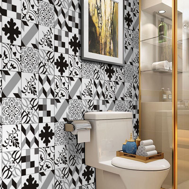 Black and White Boho Wallpaper Panel 10.8-sq ft Abstract Mosaic Tile Wall Decor for Bath, Self-Stick Clearhalo 'Wall Decor' 'Wallpaper' 1784405