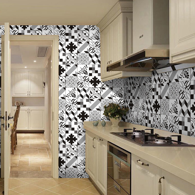 Black and White Boho Wallpaper Panel 10.8-sq ft Abstract Mosaic Tile Wall Decor for Bath, Self-Stick Clearhalo 'Wall Decor' 'Wallpaper' 1784406