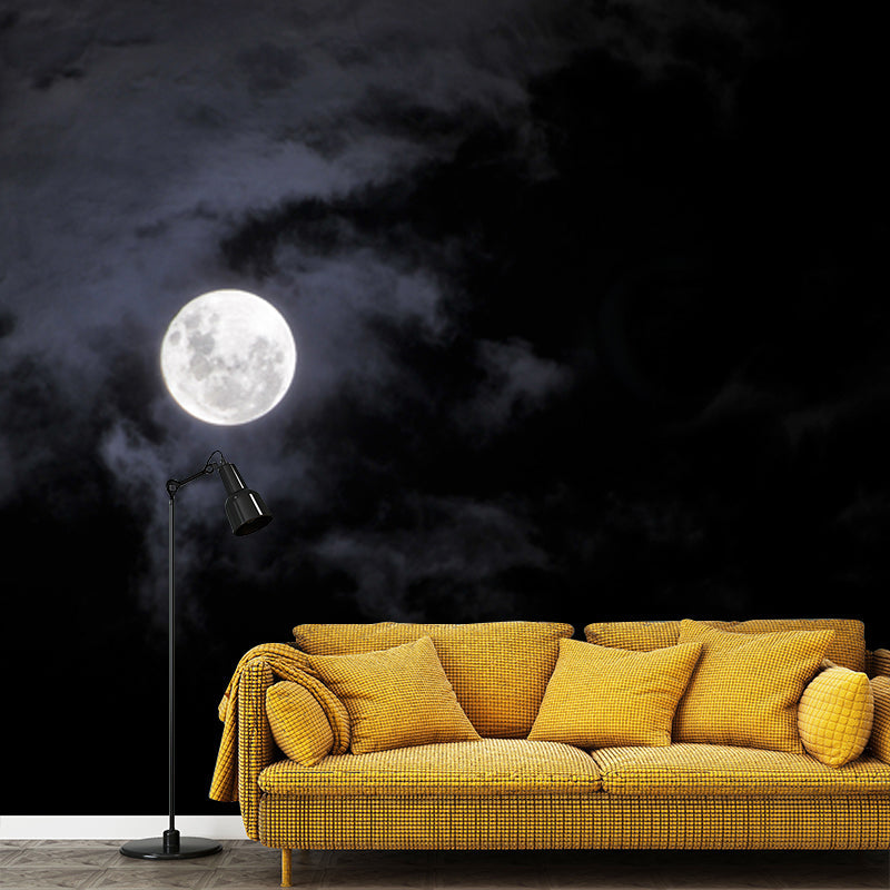 Moon on Misty Sky Mural Decal in Black-White Modern Art Wall Covering for Accent Wall Black Clearhalo 'Wall Decor' 'Wall Mural' 1784408