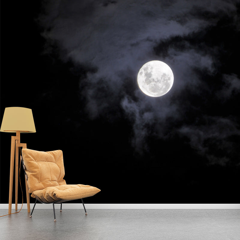 Moon on Misty Sky Mural Decal in Black-White Modern Art Wall Covering for Accent Wall Clearhalo 'Wall Decor' 'Wall Mural' 1784409