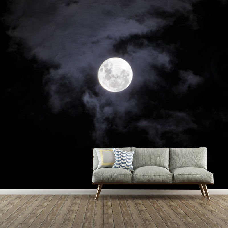 Moon on Misty Sky Mural Decal in Black-White Modern Art Wall Covering for Accent Wall Clearhalo 'Wall Decor' 'Wall Mural' 1784410