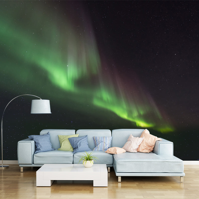 Polar Light Print Wall Mural Contemporary Non-Woven Wall Decor in Green on Black Black-Green Clearhalo 'Wall Decor' 'Wall Mural' 1784413