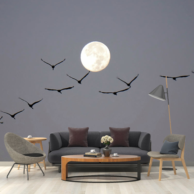 Full Moon and Gulls Mural Modern Waterproof Living Room Wall Art, Made to Measure Grey Clearhalo 'Wall Decor' 'Wall Mural' 1784473