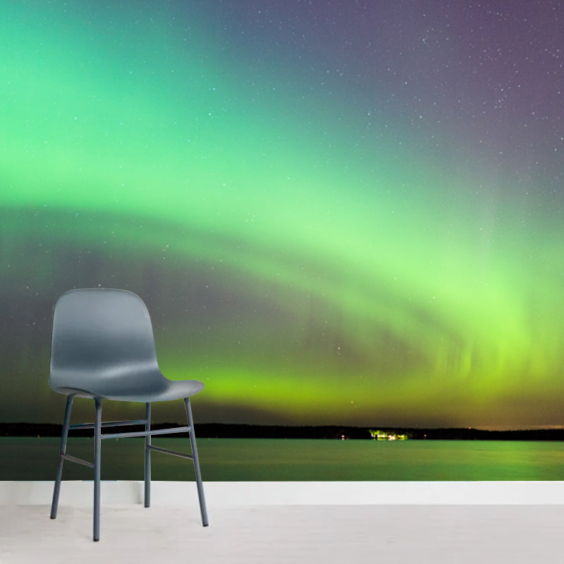 Modern Aurora Across Lake Mural Green and Yellow Indoor Wall Decor, Made to Measure Green-Yellow Clearhalo 'Wall Decor' 'Wall Mural' 1784478