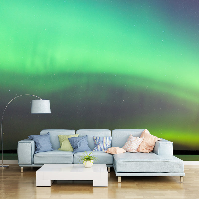 Modern Aurora Across Lake Mural Green and Yellow Indoor Wall Decor, Made to Measure Clearhalo 'Wall Decor' 'Wall Mural' 1784479