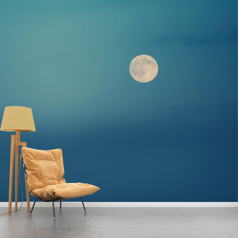 Whole Modern Wall Mural Blue Sky and Full Moon Wall Covering, Custom Size Available Blue Clearhalo 'Wall Decor' 'Wall Mural' 1784615