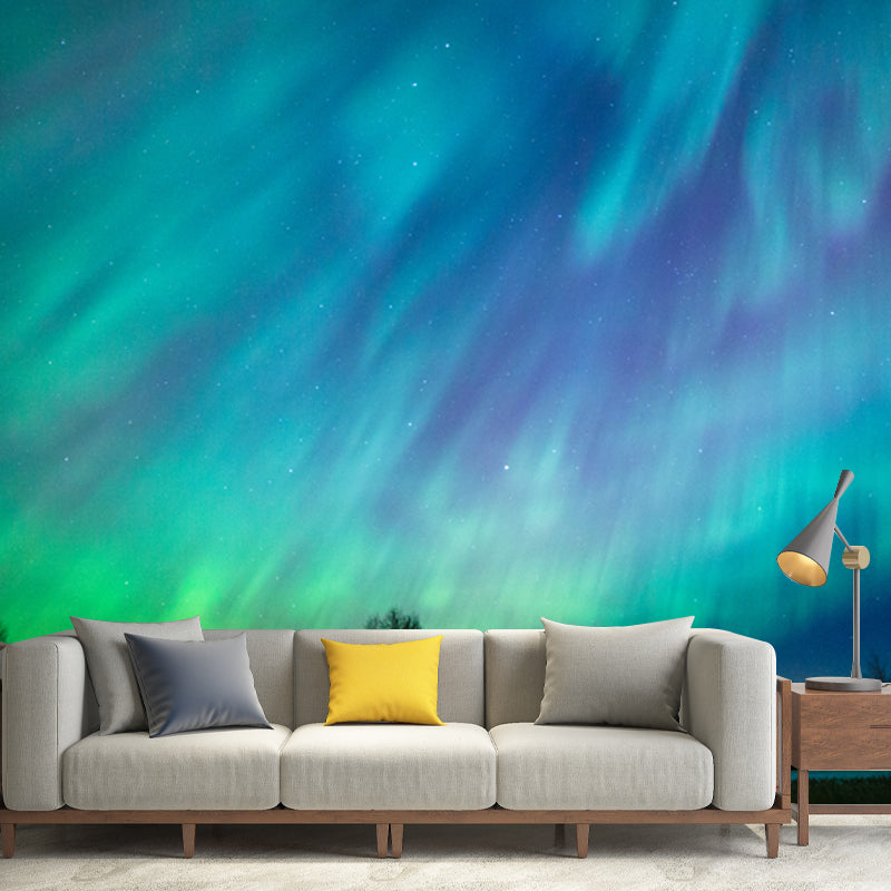 Photography Aurora Wall Covering Mural for Living Room, Blue, Custom Size Available Aurora Blue Clearhalo 'Wall Decor' 'Wall Mural' 1784620