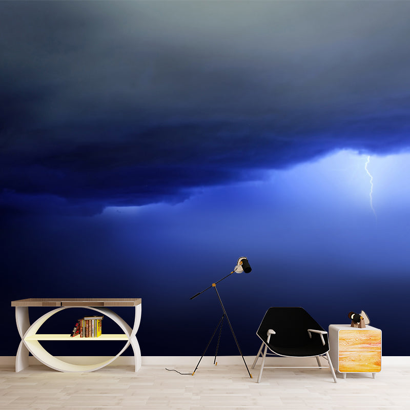 Lightning Strike from Clouds Mural Blue-Black Modern Wall Art, Custom Size Available Blue-Black Clearhalo 'Wall Decor' 'Wall Mural' 1784630