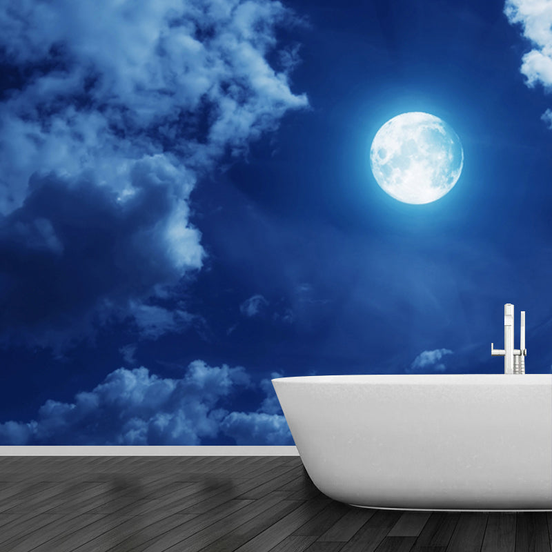 Blue-White Modernist Mural Decal Big Moon in Cloudy Night Sky Wall Covering for Home Blue-White Clearhalo 'Wall Decor' 'Wall Mural' 1784699