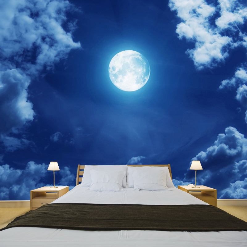 Blue-White Modernist Mural Decal Big Moon in Cloudy Night Sky Wall Covering for Home Clearhalo 'Wall Decor' 'Wall Mural' 1784700