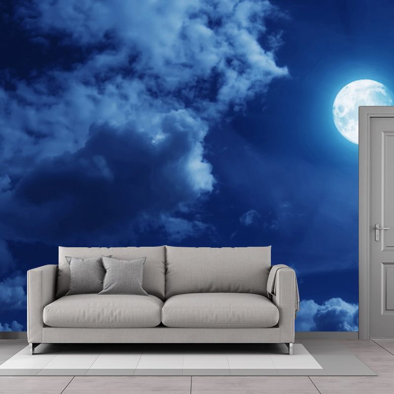 Blue-White Modernist Mural Decal Big Moon in Cloudy Night Sky Wall Covering for Home Clearhalo 'Wall Decor' 'Wall Mural' 1784701