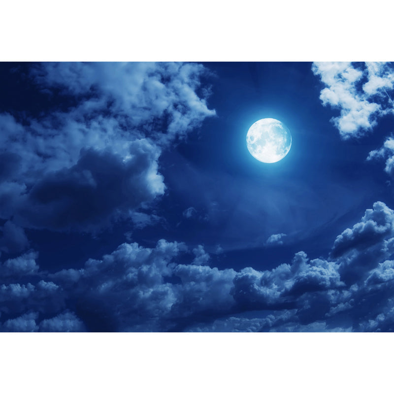 Blue-White Modernist Mural Decal Big Moon in Cloudy Night Sky Wall Covering for Home Clearhalo 'Wall Decor' 'Wall Mural' 1784702