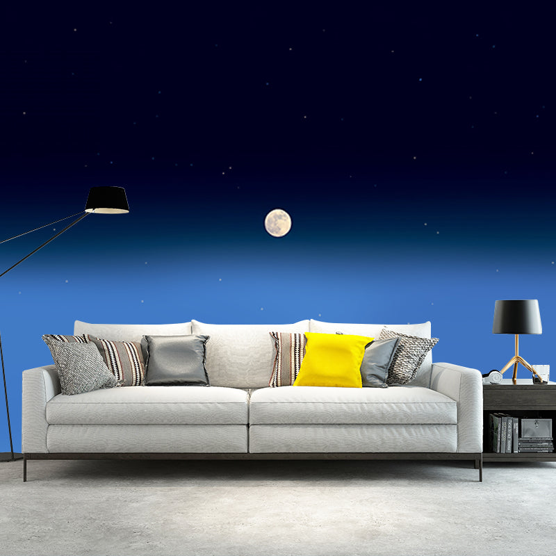 Large Distant Moon Mural Wallpaper Blue Non-Woven Wall Art, Washable, Custom Made Blue Clearhalo 'Wall Decor' 'Wall Mural' 1784704