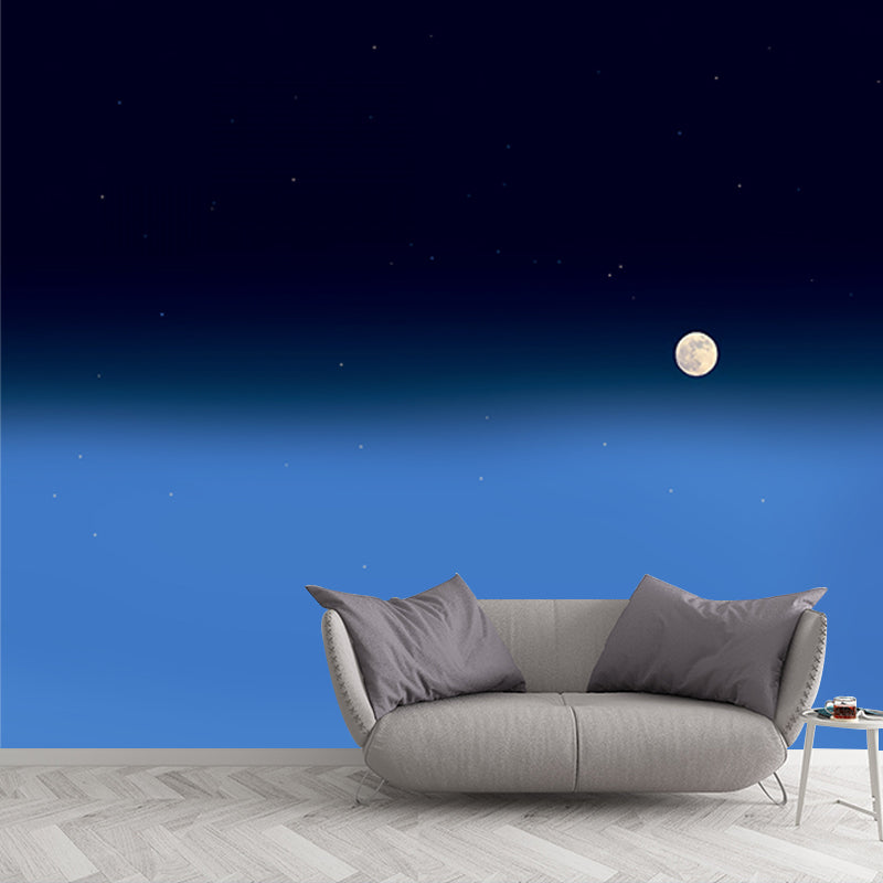 Large Distant Moon Mural Wallpaper Blue Non-Woven Wall Art, Washable, Custom Made Clearhalo 'Wall Decor' 'Wall Mural' 1784705