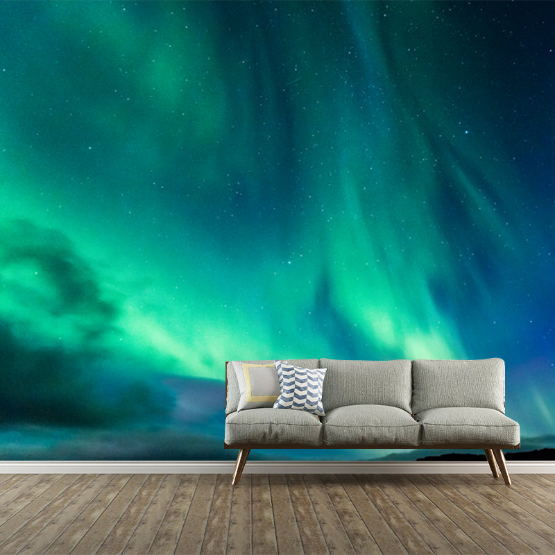 Non-Woven Huge Aqua Mural Modern Aurora on Night Starry Sky Wall Art, Custom Print Aqua Clearhalo 'Wall Decor' 'Wall Mural' 1784709