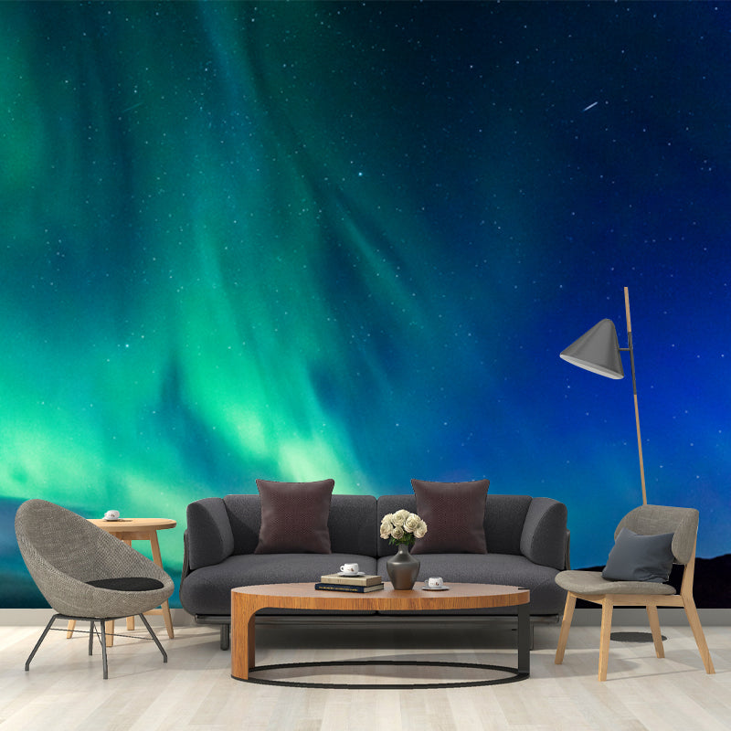 Non-Woven Huge Aqua Mural Modern Aurora on Night Starry Sky Wall Art, Custom Print Clearhalo 'Wall Decor' 'Wall Mural' 1784710