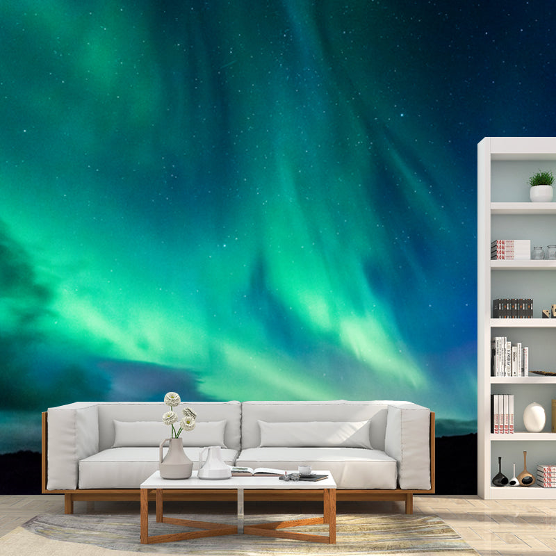 Non-Woven Huge Aqua Mural Modern Aurora on Night Starry Sky Wall Art, Custom Print Clearhalo 'Wall Decor' 'Wall Mural' 1784711