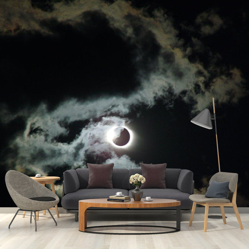 Non-Woven Washable Mural Modern Cloud and Full Moon Night Wall Decor in Black-White Black-White Clearhalo 'Wall Decor' 'Wall Mural' 1784714