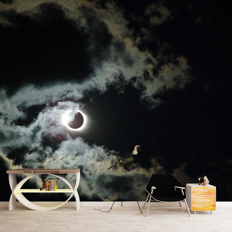 Non-Woven Washable Mural Modern Cloud and Full Moon Night Wall Decor in Black-White Clearhalo 'Wall Decor' 'Wall Mural' 1784715