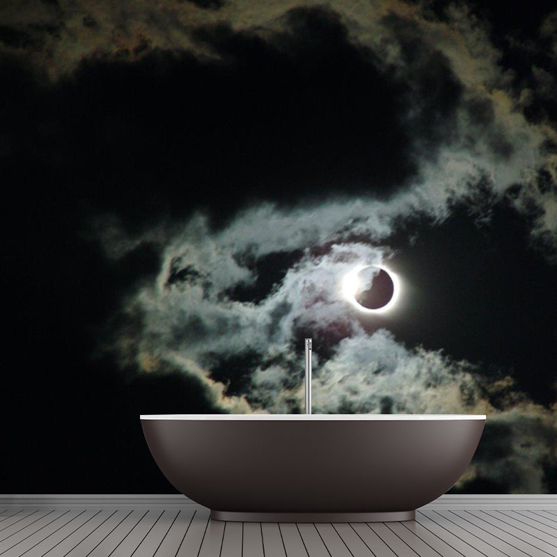 Non-Woven Washable Mural Modern Cloud and Full Moon Night Wall Decor in Black-White Clearhalo 'Wall Decor' 'Wall Mural' 1784716