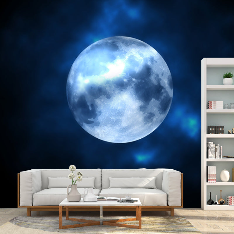 Contemporary Full Moon Mural Non-Wove Washable Black-Blue Wall Art for Living Room Black-Blue Clearhalo 'Wall Decor' 'Wall Mural' 1784719