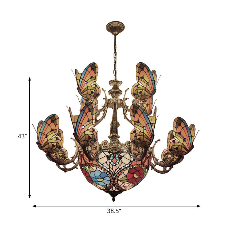 Tiffany Stunning Multi-Colored Chandelier with Butterfly Glass Pendant Light for Living Room Clearhalo 'Ceiling Lights' 'Chandeliers' 'Industrial' 'Middle Century Chandeliers' 'Tiffany Chandeliers' 'Tiffany close to ceiling' 'Tiffany' Lighting' 178482