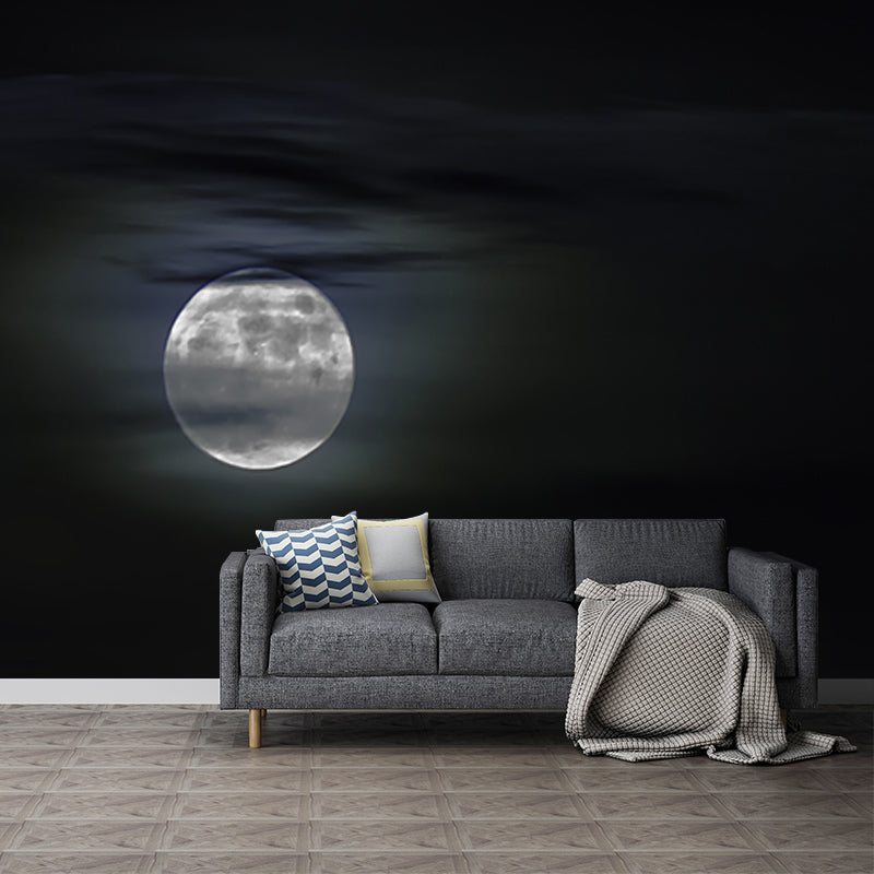 Moon Behind Cloud Scenery Mural Modern Waterproofing Bedroom Wall Art, Custom Size Black-White Clearhalo 'Wall Decor' 'Wall Mural' 1784916