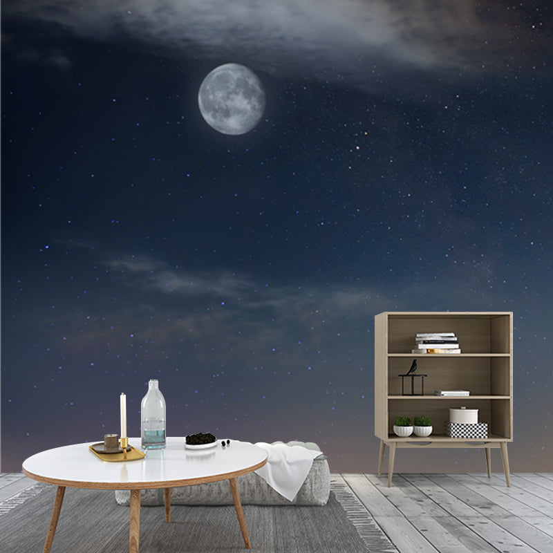 Night Moon and Stars Mural Modernist Non-Woven Cloth Wall Decor in Yellow and Blue Clearhalo 'Wall Decor' 'Wall Mural' 1784994