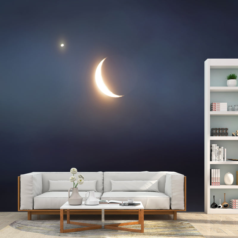 Shiny Night Sky Crescent Mural Wallpaper for Bedroom, Blue-Yellow, Made to Measure Blue-Yellow Clearhalo 'Wall Decor' 'Wall Mural' 1784997