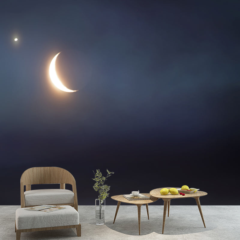 Shiny Night Sky Crescent Mural Wallpaper for Bedroom, Blue-Yellow, Made to Measure Clearhalo 'Wall Decor' 'Wall Mural' 1784999