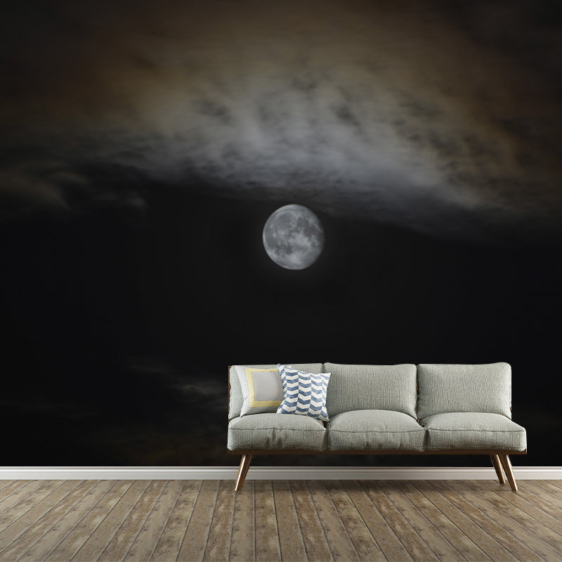 Full Moon on Sky Mural Black-Grey Modern Wall Covering for Accent Wall, Size Optional Gray-Black Clearhalo 'Wall Decor' 'Wall Mural' 1785047