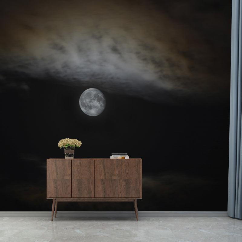 Full Moon on Sky Mural Black-Grey Modern Wall Covering for Accent Wall, Size Optional Clearhalo 'Wall Decor' 'Wall Mural' 1785048