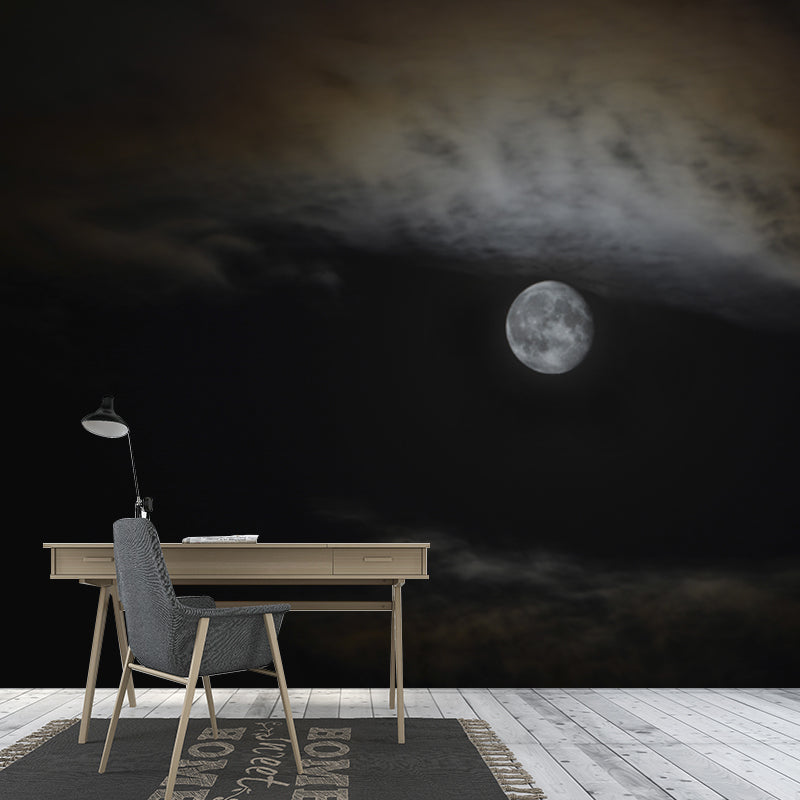 Full Moon on Sky Mural Black-Grey Modern Wall Covering for Accent Wall, Size Optional Clearhalo 'Wall Decor' 'Wall Mural' 1785049