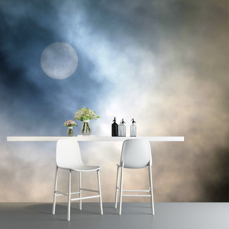 Moon and Foggy Sky Mural Blue-Yellow Modern Style Wall Decoration for Living Room Clearhalo 'Wall Decor' 'Wall Mural' 1785138