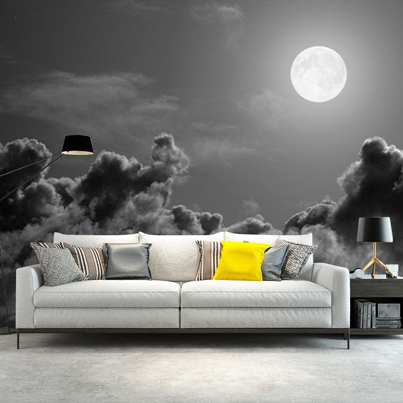 Grey-Black Modern Wallpaper Mural Huge Full Moon Above Cloud Sea Wall Covering for Home Gray-Black Clearhalo 'Wall Decor' 'Wall Mural' 1785142