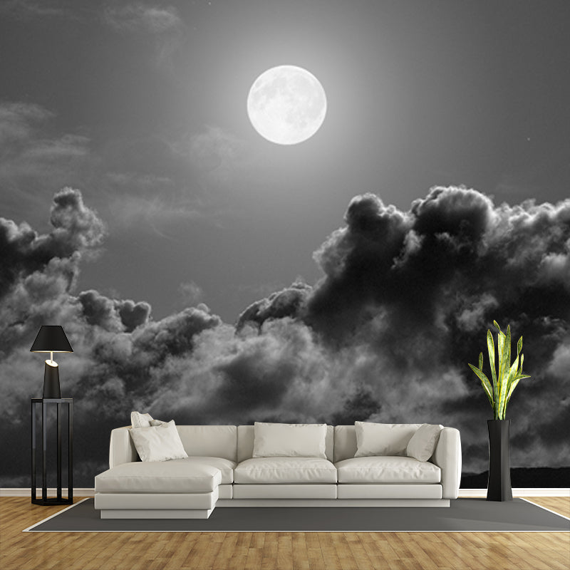 Grey-Black Modern Wallpaper Mural Huge Full Moon Above Cloud Sea Wall Covering for Home Clearhalo 'Wall Decor' 'Wall Mural' 1785143