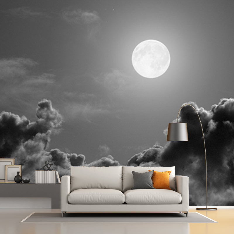 Grey-Black Modern Wallpaper Mural Huge Full Moon Above Cloud Sea Wall Covering for Home Clearhalo 'Wall Decor' 'Wall Mural' 1785144