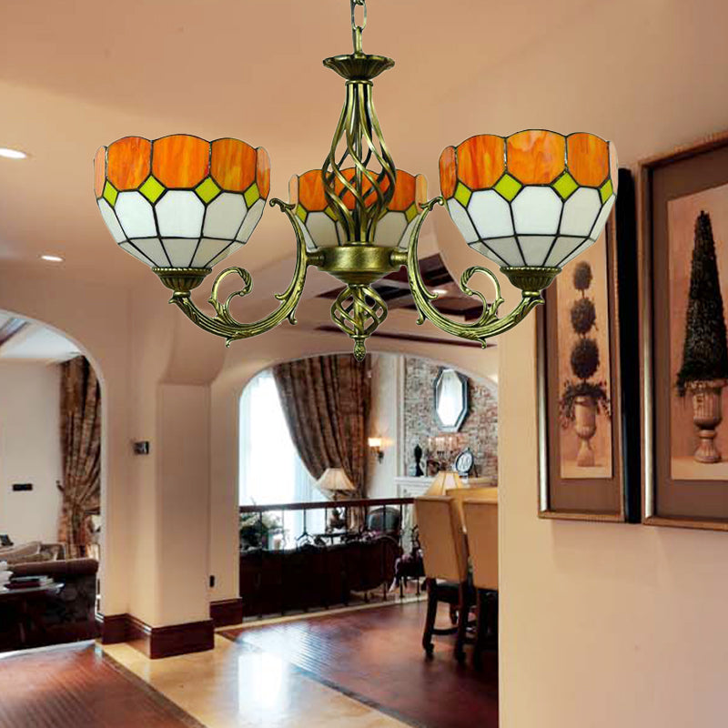 Yellow/Orange/Green Glass Lattice Bowl Pendant Lamp Dining Room 3 Bulbs Tiffany Classic Chandelier for Dining Room Orange Clearhalo 'Ceiling Lights' 'Chandeliers' 'Industrial' 'Middle Century Chandeliers' 'Tiffany Chandeliers' 'Tiffany close to ceiling' 'Tiffany' Lighting' 178517