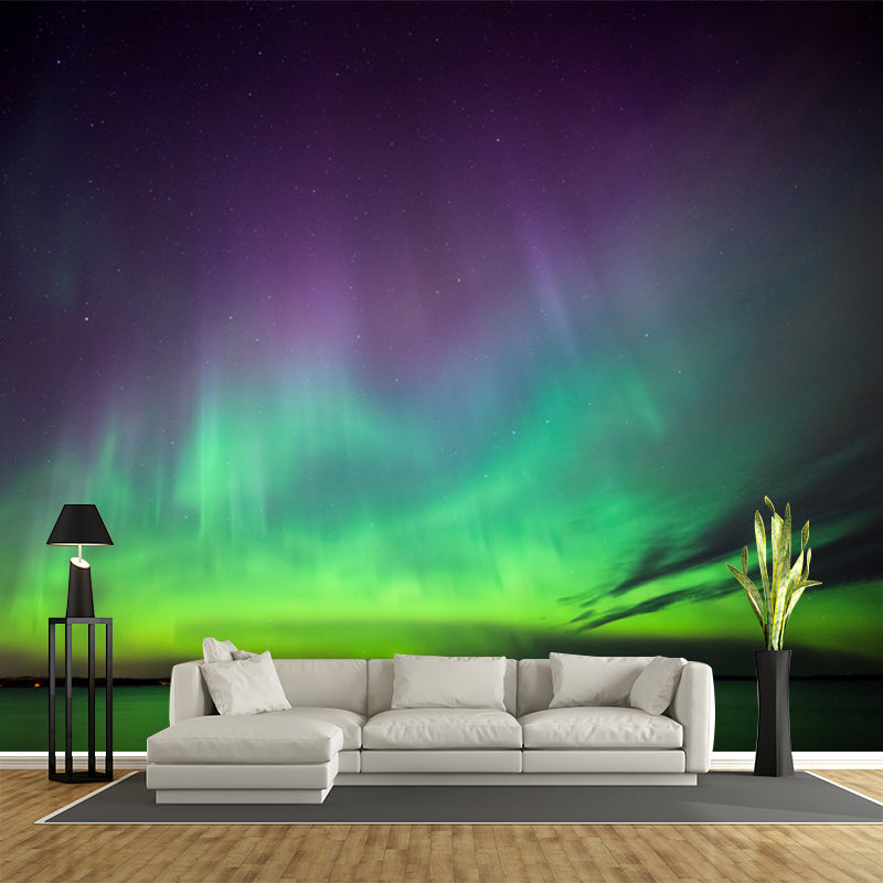 Draping Aurora over Lake Mural Wallpaper Purple-Green Nordic Wall Decor for Living Room Purple-Green Clearhalo 'Wall Decor' 'Wall Mural' 1785206