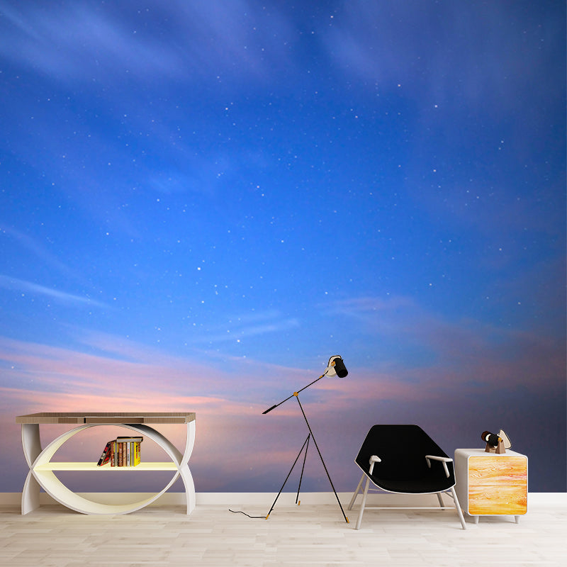 Custom Photo Print Modern Mural with Hidden Moon and Starry Sky Pattern in Blue-Brown Clearhalo 'Wall Decor' 'Wall Mural' 1785223