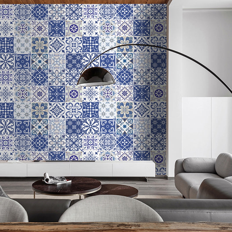 Floral Mosaic Tiles Wallpaper Panel Bohemian Smooth Wall Covering in Blue, Self-Stick Blue Clearhalo 'Wall Decor' 'Wallpaper' 1785267