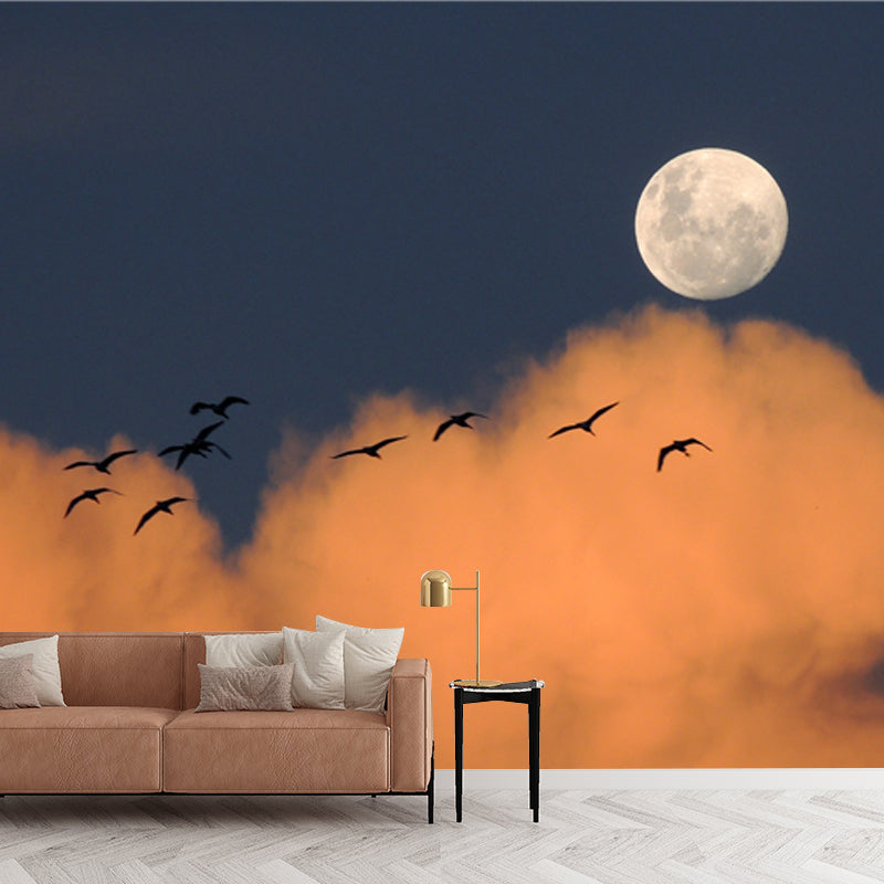 Modern Dusk Scenery Mural in Yellow-Blue Bird Flock and Moon Wall Art for Bedroom Yellow-Blue Clearhalo 'Wall Decor' 'Wall Mural' 1785405