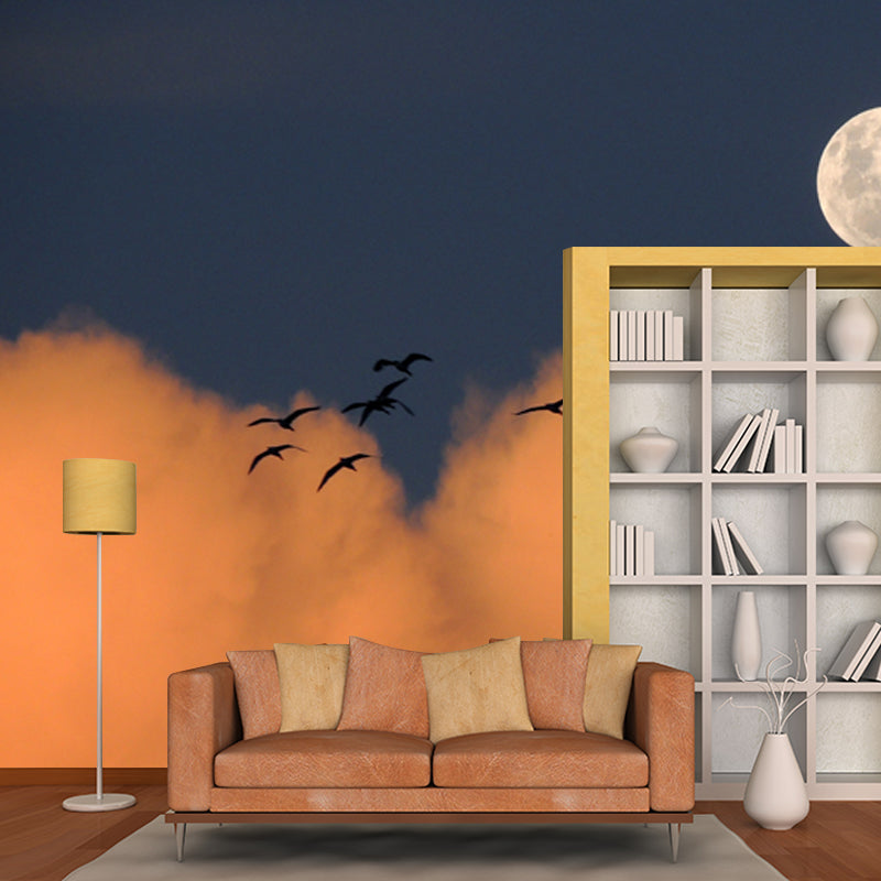 Modern Dusk Scenery Mural in Yellow-Blue Bird Flock and Moon Wall Art for Bedroom Clearhalo 'Wall Decor' 'Wall Mural' 1785407