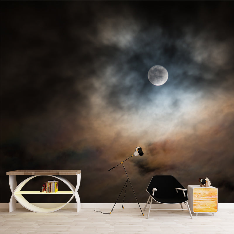 Full Moon Behind Clouds Mural Black-Yellow Modern Style Wall Art for Living Room Black-Yellow Clearhalo 'Wall Decor' 'Wall Mural' 1785507