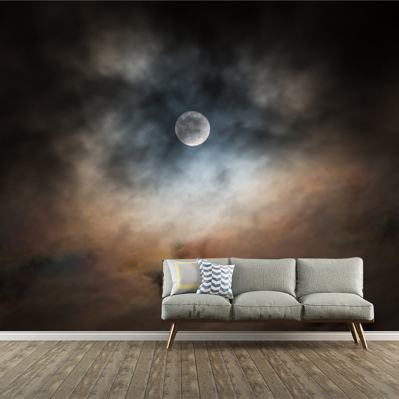 Full Moon Behind Clouds Mural Black-Yellow Modern Style Wall Art for Living Room Clearhalo 'Wall Decor' 'Wall Mural' 1785508