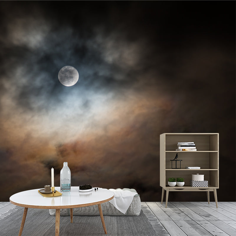 Full Moon Behind Clouds Mural Black-Yellow Modern Style Wall Art for Living Room Clearhalo 'Wall Decor' 'Wall Mural' 1785509