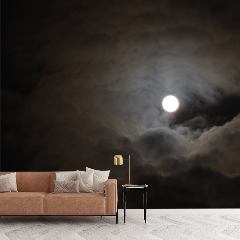 Huge Cloudy Moon Night Mural Grey-Black Non-Woven Wall Decor, Stain Resistant, Custom Size Clearhalo 'Wall Decor' 'Wall Mural' 1785513