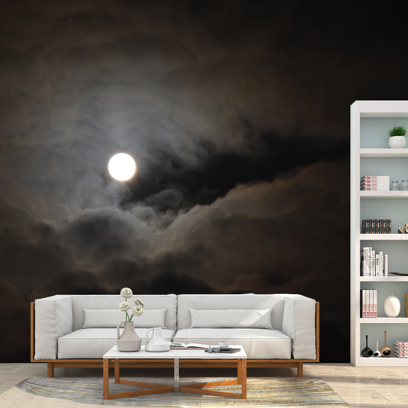 Huge Cloudy Moon Night Mural Grey-Black Non-Woven Wall Decor, Stain Resistant, Custom Size Clearhalo 'Wall Decor' 'Wall Mural' 1785514